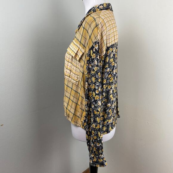 Zara Mixed Print Floral Plaid Button Down Crop Long Sleeve Blouse Top Large - Picture 7 of 8